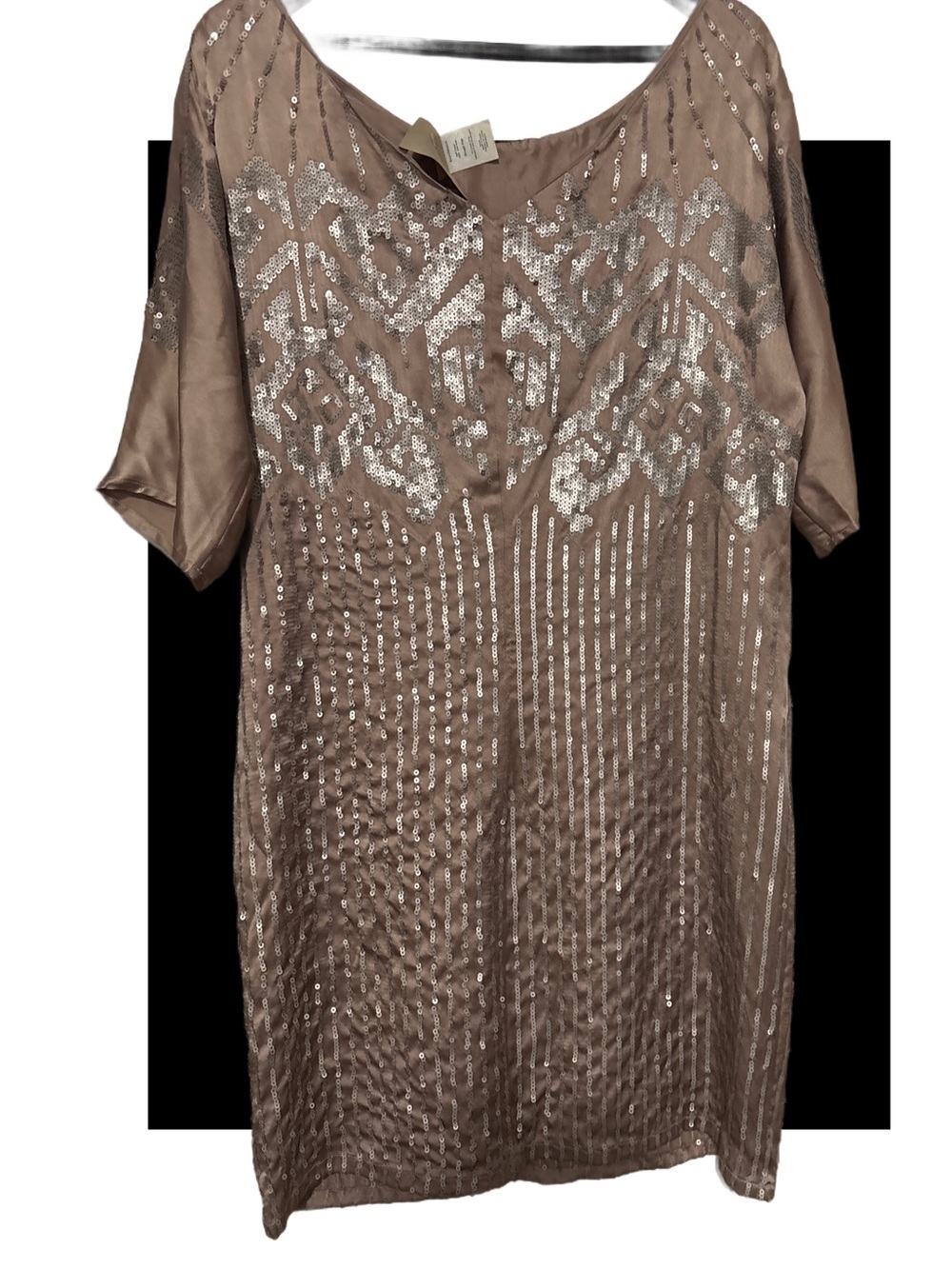 Bordeaux 100% Silk Taupe Sequin Twenties Inspired Tunic Dress size small Nwots